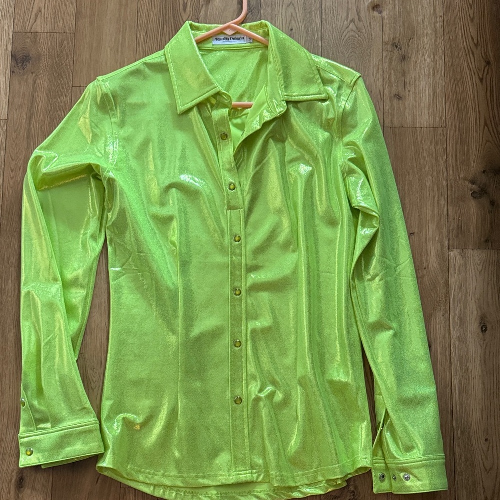 Unbranded Neon Lime Shimmer Button-Up Shirt - Women's Top